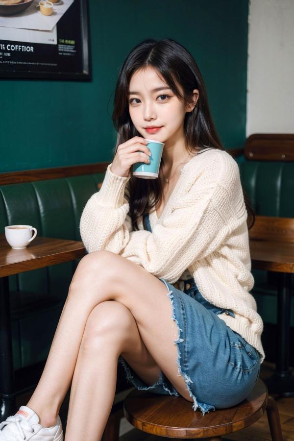    AI美女-拟实-咖啡馆的休闲时光 温暖治愈系性感下午茶写真第5张图片