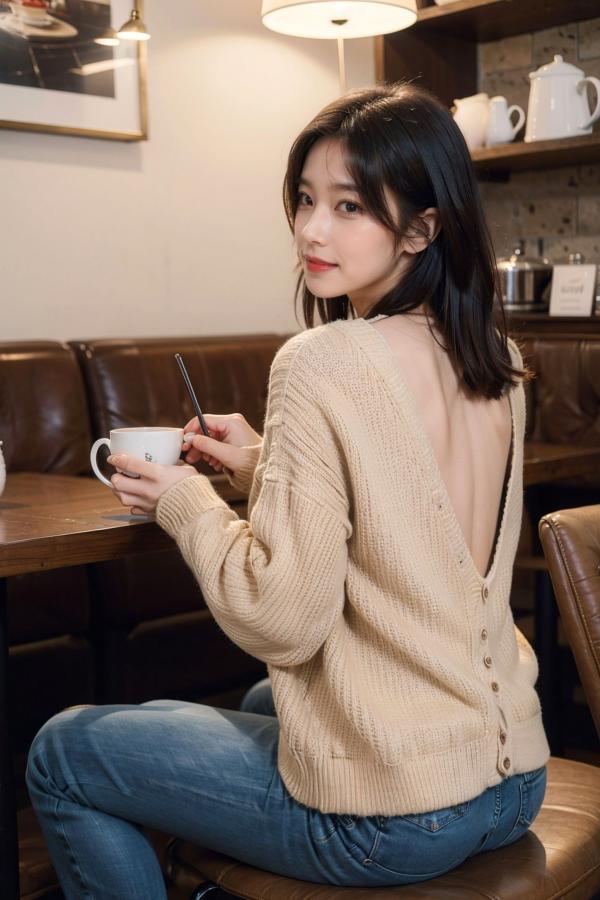    AI美女-拟实-咖啡馆的休闲时光 温暖治愈系性感下午茶写真第8张图片