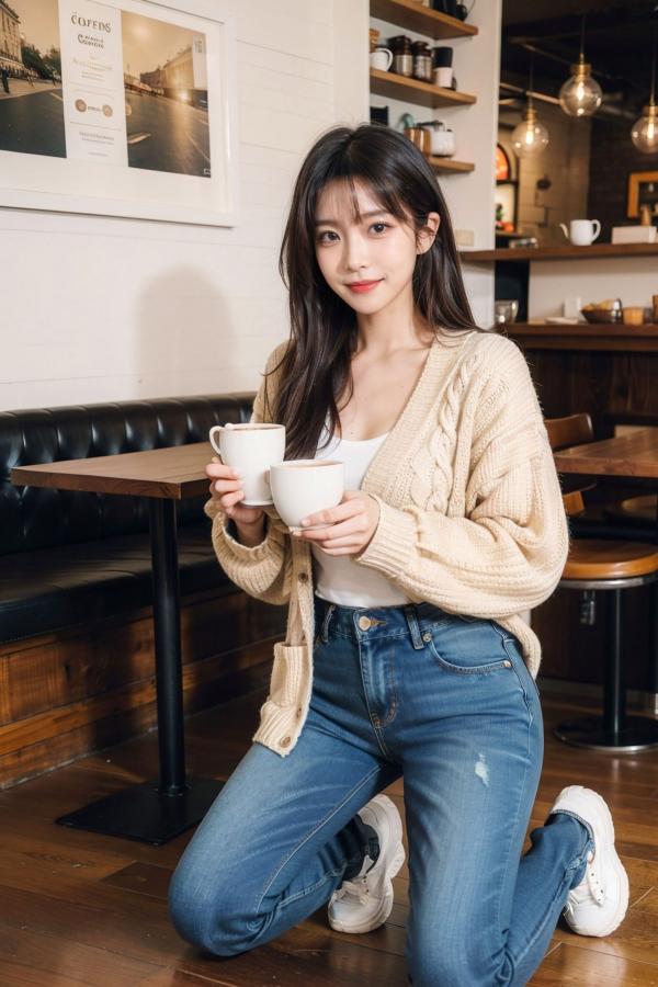    AI美女-拟实-咖啡馆的休闲时光 温暖治愈系性感下午茶写真第23张图片