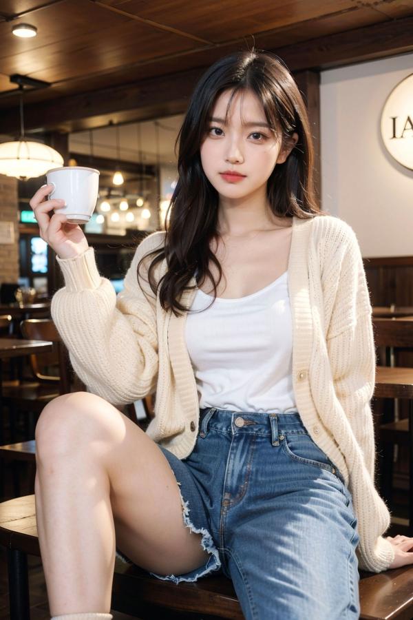    AI美女-拟实-咖啡馆的休闲时光 温暖治愈系性感下午茶写真第44张图片
