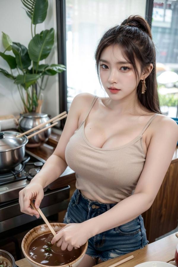    AI美女-拟实-吊带牛仔短裤厨娘 厨房性感居家私房大片第12张图片