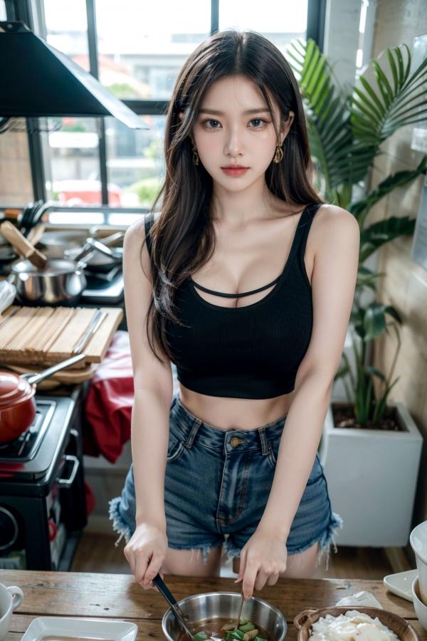    AI美女-拟实-吊带牛仔短裤厨娘 厨房性感居家私房大片第14张图片