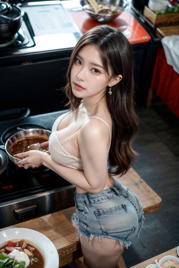    AI美女-拟实-吊带牛仔短裤厨娘 厨房性感居家私房大片第31张图片
