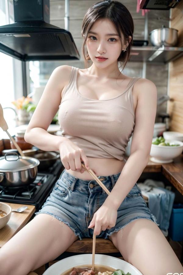    AI美女-拟实-吊带牛仔短裤厨娘 厨房性感居家私房大片第41张图片