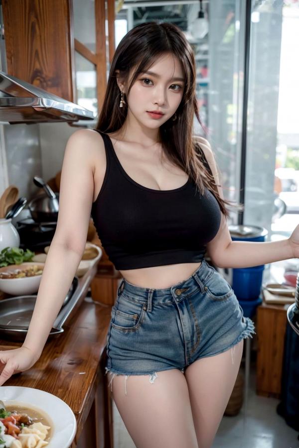    AI美女-拟实-吊带牛仔短裤厨娘 厨房性感居家私房大片第42张图片