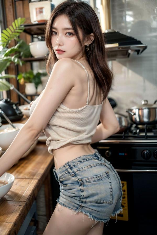    AI美女-拟实-吊带牛仔短裤厨娘 厨房性感居家私房大片第61张图片