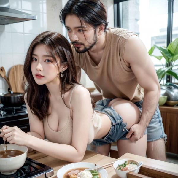   AI美女-拟实-吊带牛仔短裤厨娘 厨房性感居家私房大片第77张图片