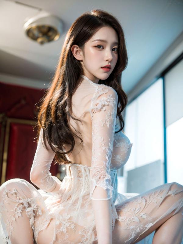    AI美女-拟实-透视白纱长裙 室内暖阳蕾丝透视私房诱惑写真第45张图片