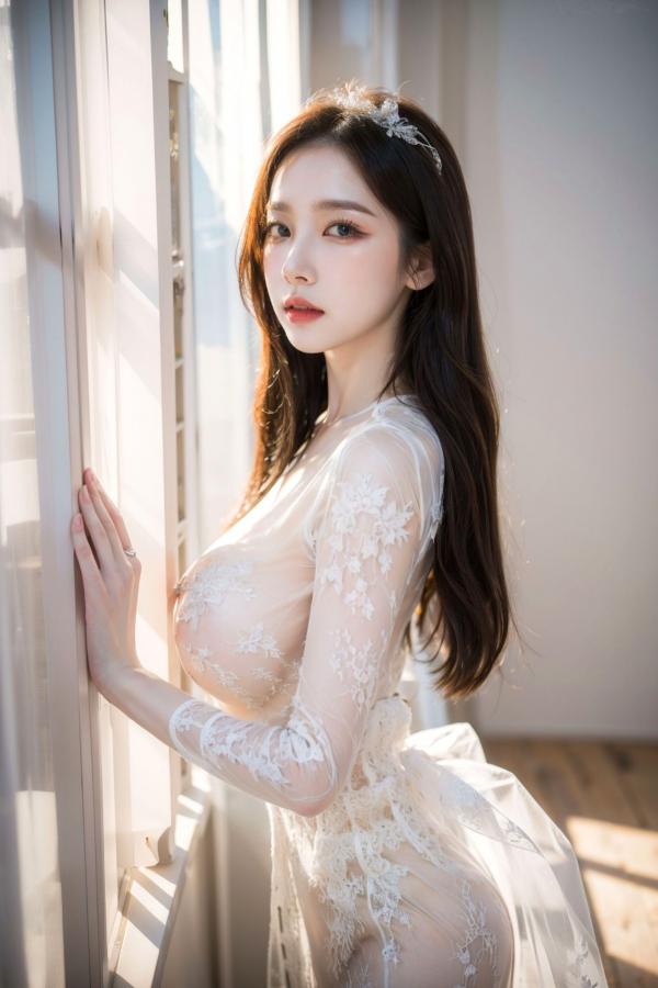    AI美女-拟实-透视白纱长裙 室内暖阳蕾丝透视私房诱惑写真第72张图片