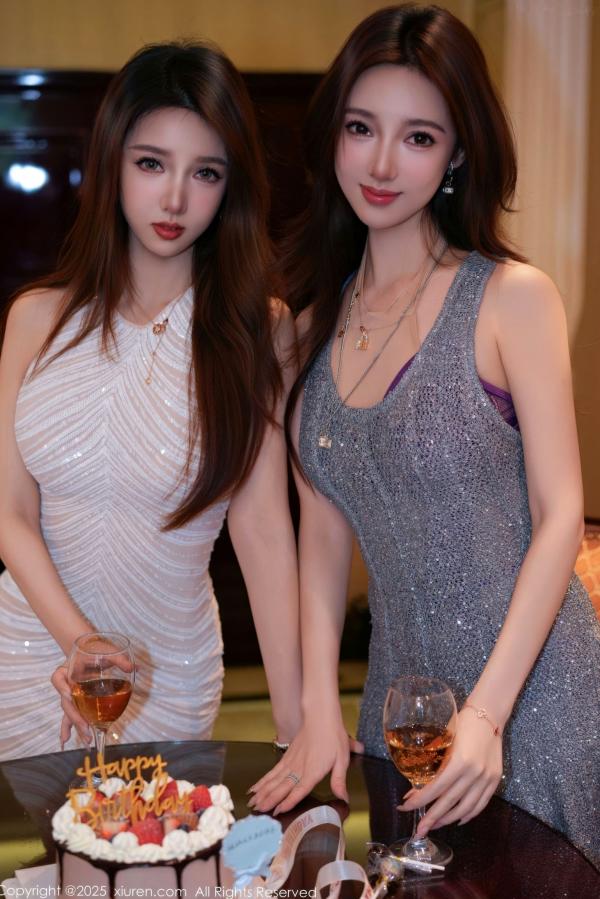    XiuRen秀人网 NO.11080 Twins桃桃&天夭 姐妹花生日派对性感蕾丝内衣透视丝袜私房诱惑写真第8张图片