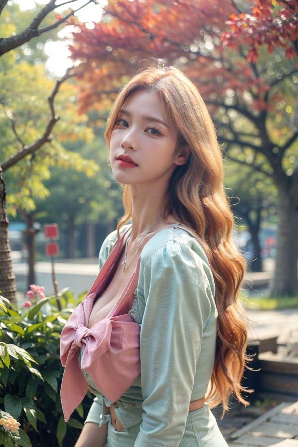    AI美女-拟实-花园中的绿裙美女 户外清新写真 气质露背女神第3张图片