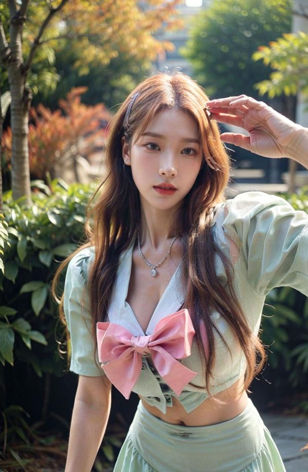    AI美女-拟实-花园中的绿裙美女 户外清新写真 气质露背女神第6张图片