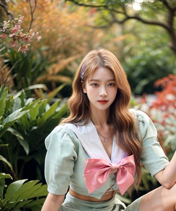    AI美女-拟实-花园中的绿裙美女 户外清新写真 气质露背女神第7张图片