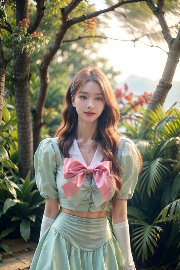    AI美女-拟实-花园中的绿裙美女 户外清新写真 气质露背女神第8张图片