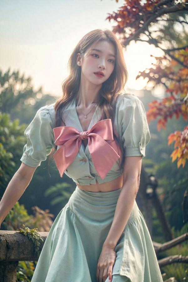    AI美女-拟实-花园中的绿裙美女 户外清新写真 气质露背女神第9张图片