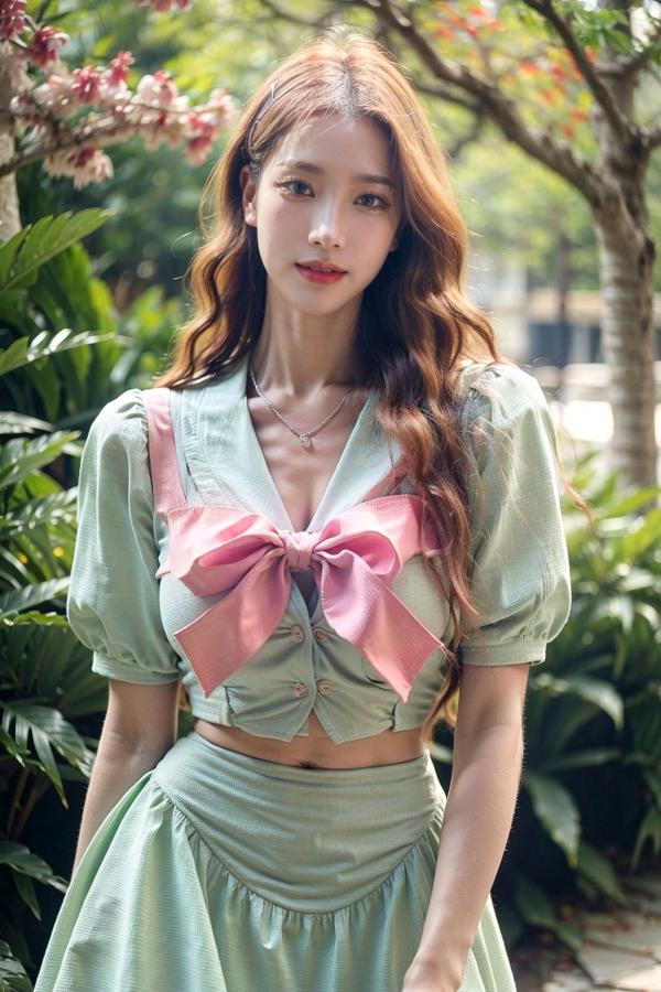    AI美女-拟实-花园中的绿裙美女 户外清新写真 气质露背女神第10张图片