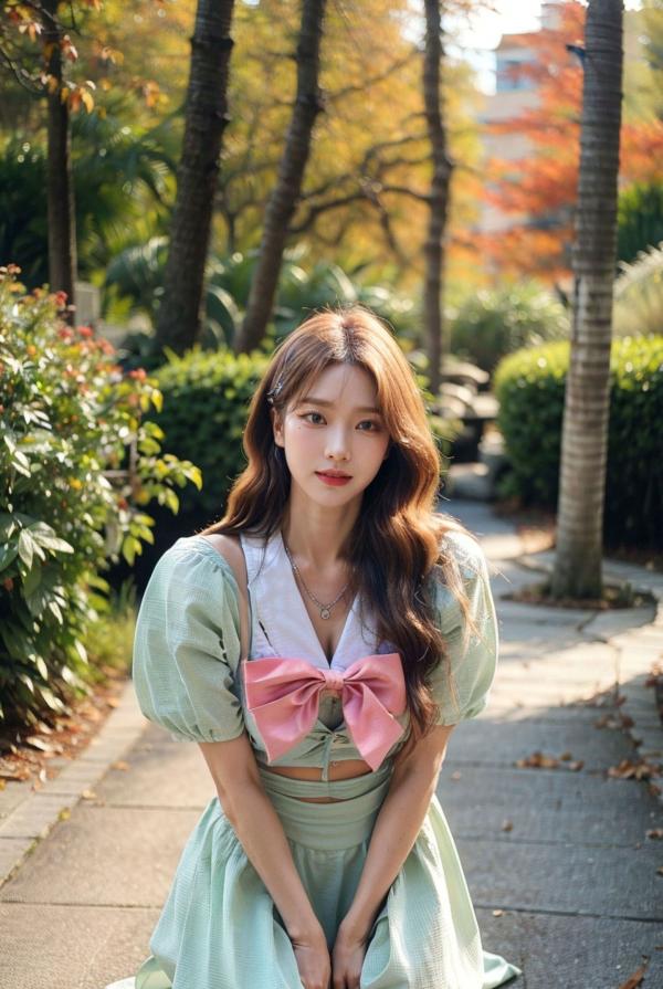    AI美女-拟实-花园中的绿裙美女 户外清新写真 气质露背女神第11张图片