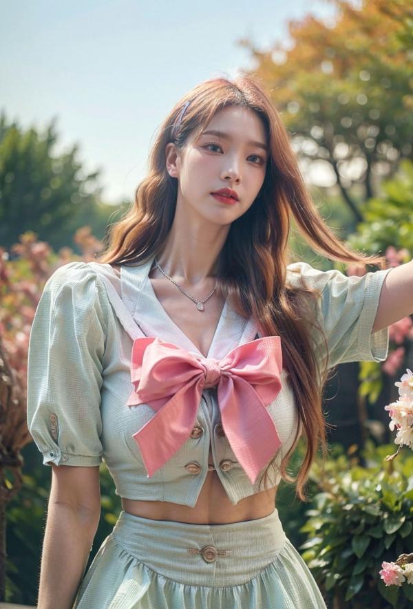    AI美女-拟实-花园中的绿裙美女 户外清新写真 气质露背女神第12张图片