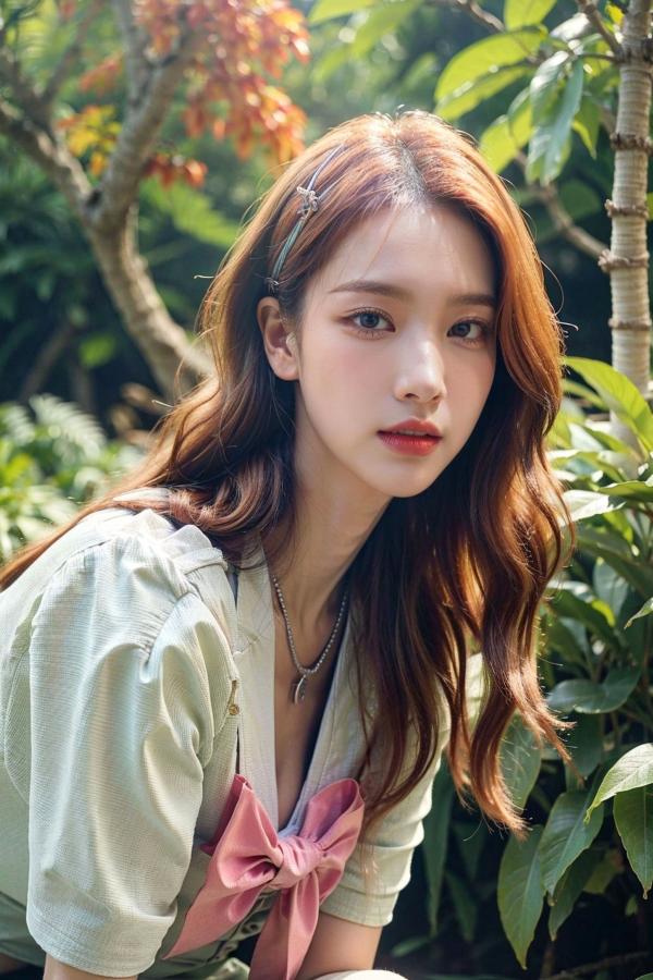    AI美女-拟实-花园中的绿裙美女 户外清新写真 气质露背女神第14张图片