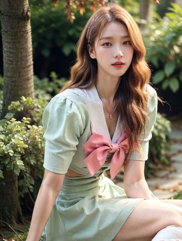    AI美女-拟实-花园中的绿裙美女 户外清新写真 气质露背女神第15张图片