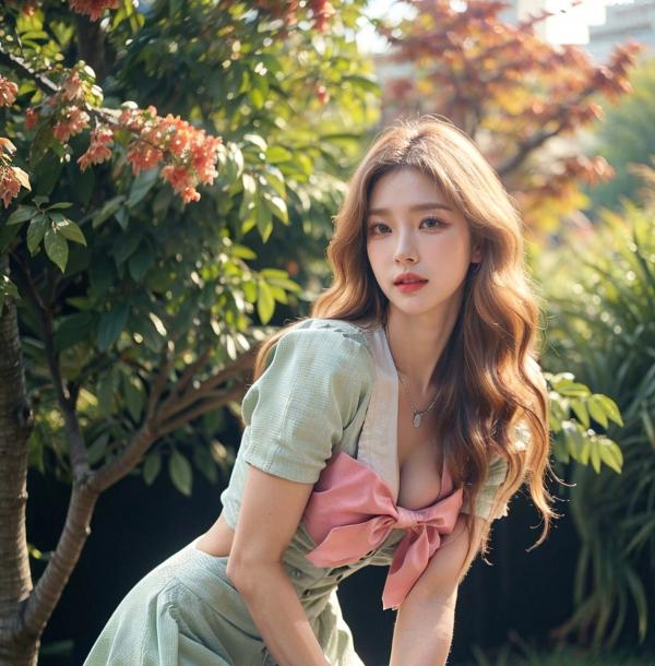    AI美女-拟实-花园中的绿裙美女 户外清新写真 气质露背女神第17张图片