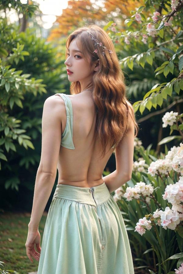    AI美女-拟实-花园中的绿裙美女 户外清新写真 气质露背女神第20张图片