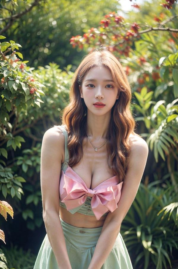   AI美女-拟实-花园中的绿裙美女 户外清新写真 气质露背女神第21张图片