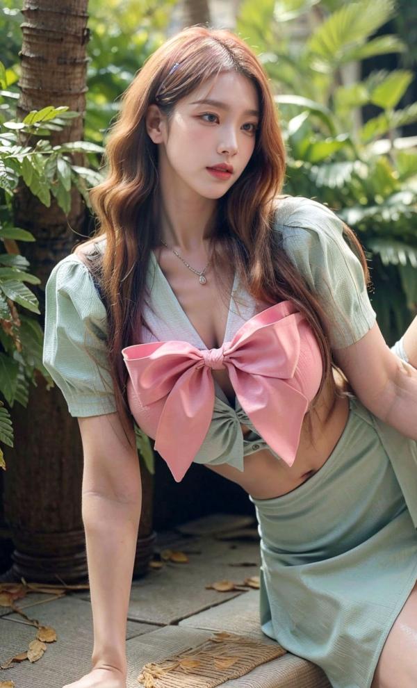    AI美女-拟实-花园中的绿裙美女 户外清新写真 气质露背女神第29张图片