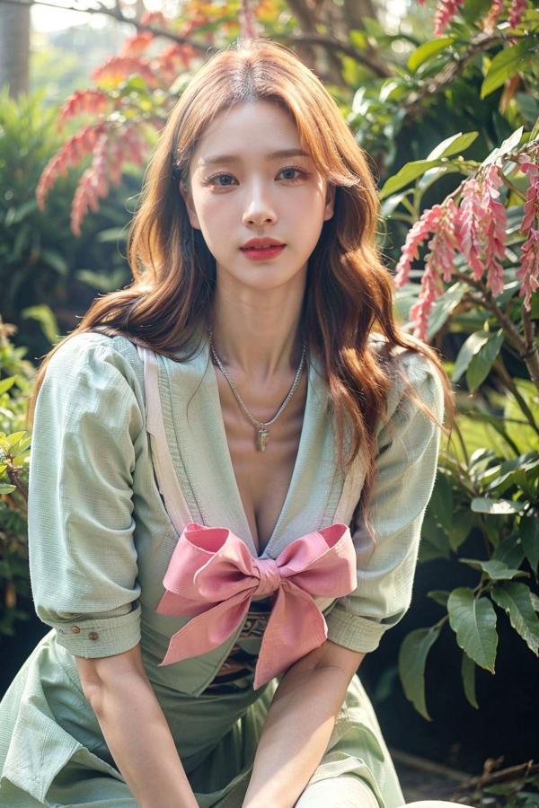    AI美女-拟实-花园中的绿裙美女 户外清新写真 气质露背女神第35张图片