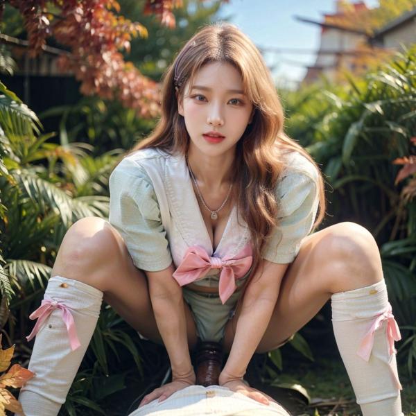    AI美女-拟实-花园中的绿裙美女 户外清新写真 气质露背女神第40张图片