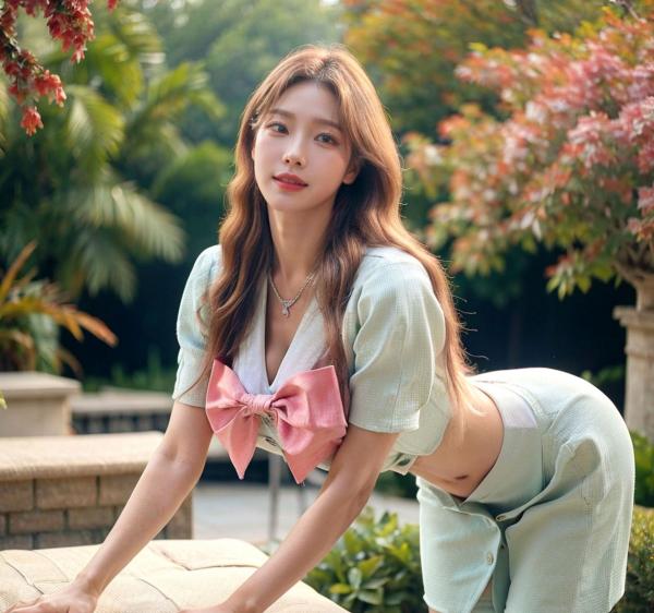    AI美女-拟实-花园中的绿裙美女 户外清新写真 气质露背女神第41张图片