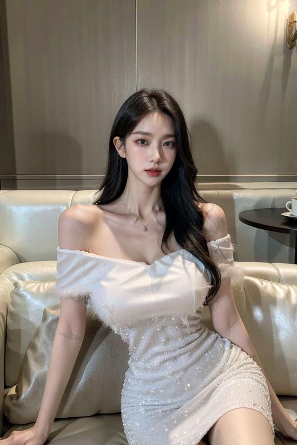    AI美女-拟实-沙发上的白裙美女 室内家居优雅抹胸短裙写真 极品性感女神第1张图片