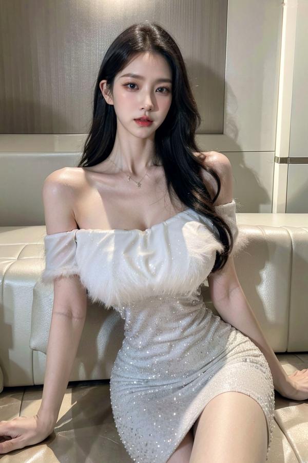    AI美女-拟实-沙发上的白裙美女 室内家居优雅抹胸短裙写真 极品性感女神第4张图片
