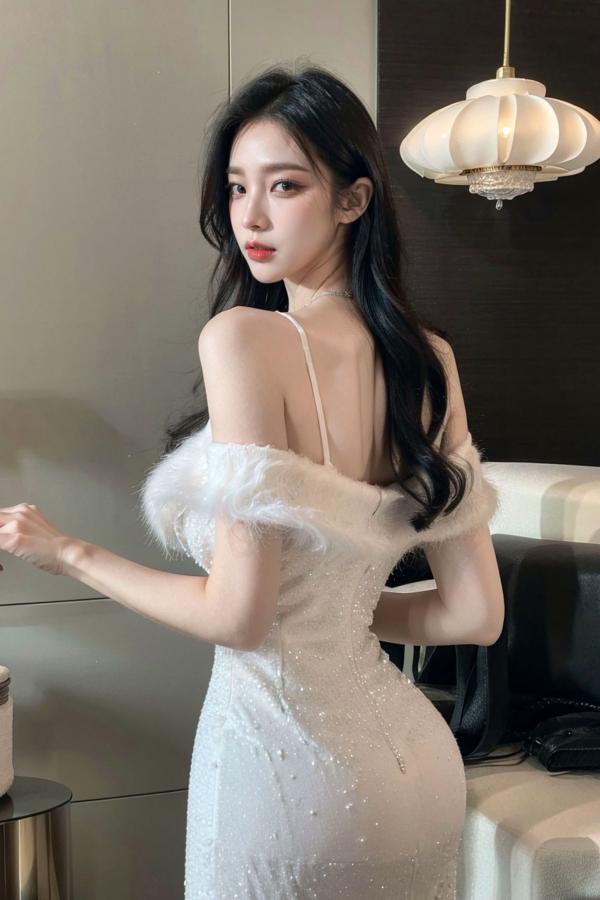   AI美女-拟实-沙发上的白裙美女 室内家居优雅抹胸短裙写真 极品性感女神第9张图片