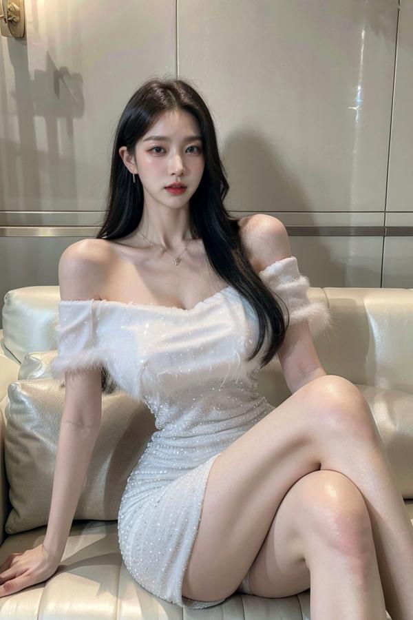    AI美女-拟实-沙发上的白裙美女 室内家居优雅抹胸短裙写真 极品性感女神第11张图片