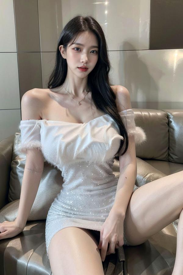    AI美女-拟实-沙发上的白裙美女 室内家居优雅抹胸短裙写真 极品性感女神第14张图片