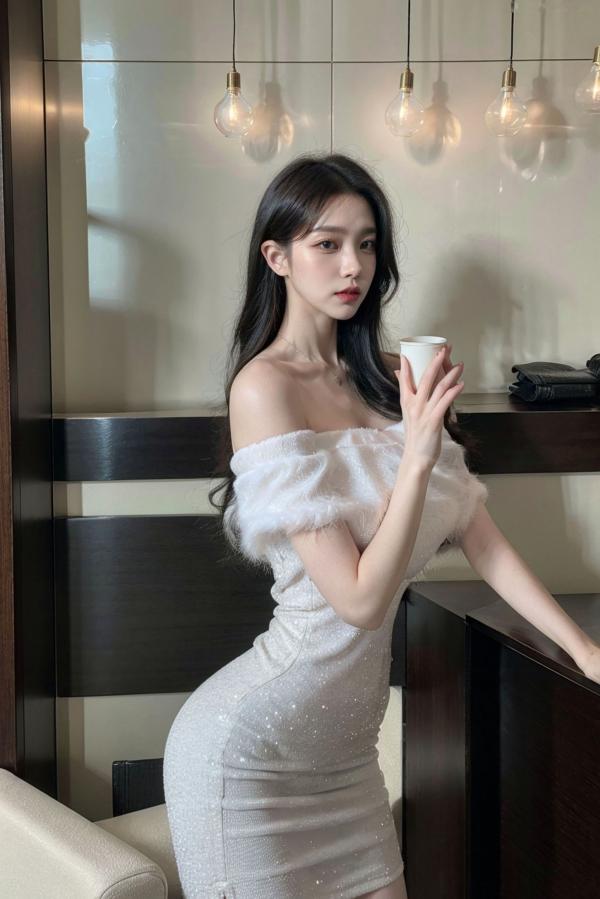    AI美女-拟实-沙发上的白裙美女 室内家居优雅抹胸短裙写真 极品性感女神第15张图片
