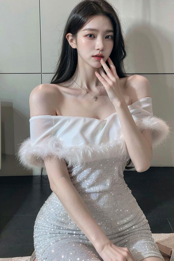    AI美女-拟实-沙发上的白裙美女 室内家居优雅抹胸短裙写真 极品性感女神第16张图片