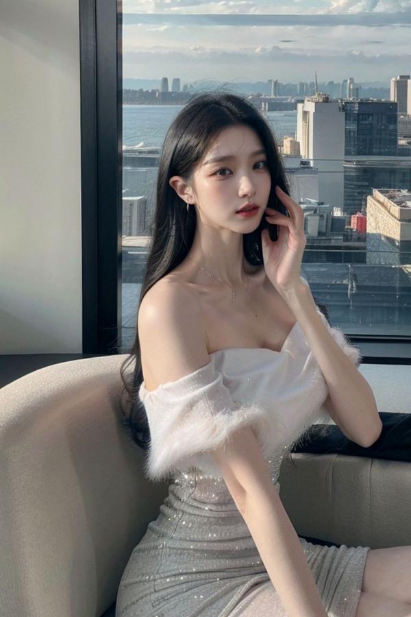    AI美女-拟实-沙发上的白裙美女 室内家居优雅抹胸短裙写真 极品性感女神第19张图片