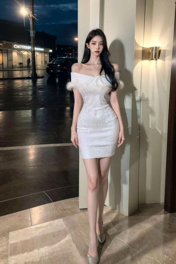    AI美女-拟实-沙发上的白裙美女 室内家居优雅抹胸短裙写真 极品性感女神第21张图片