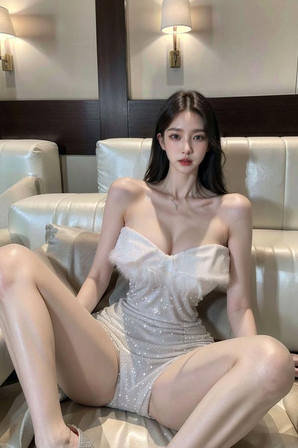    AI美女-拟实-沙发上的白裙美女 室内家居优雅抹胸短裙写真 极品性感女神第27张图片