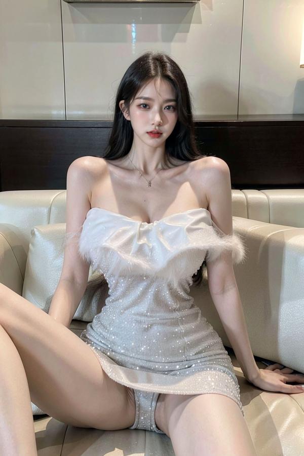    AI美女-拟实-沙发上的白裙美女 室内家居优雅抹胸短裙写真 极品性感女神第32张图片