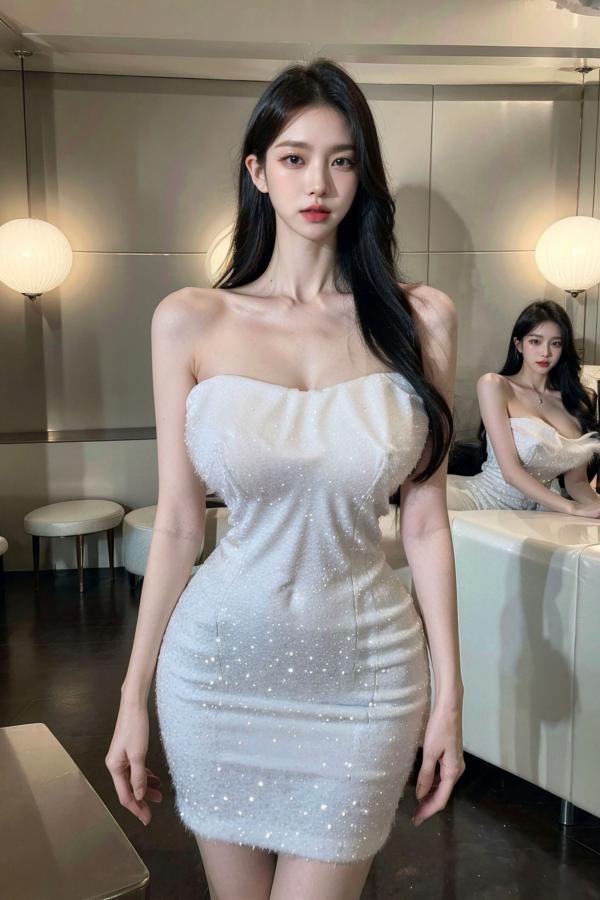    AI美女-拟实-沙发上的白裙美女 室内家居优雅抹胸短裙写真 极品性感女神第35张图片
