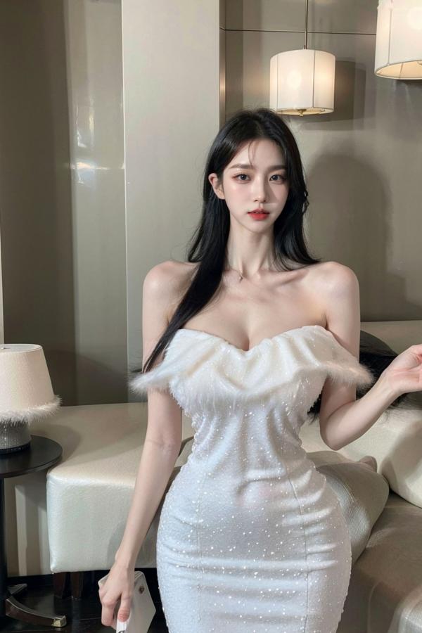    AI美女-拟实-沙发上的白裙美女 室内家居优雅抹胸短裙写真 极品性感女神第45张图片