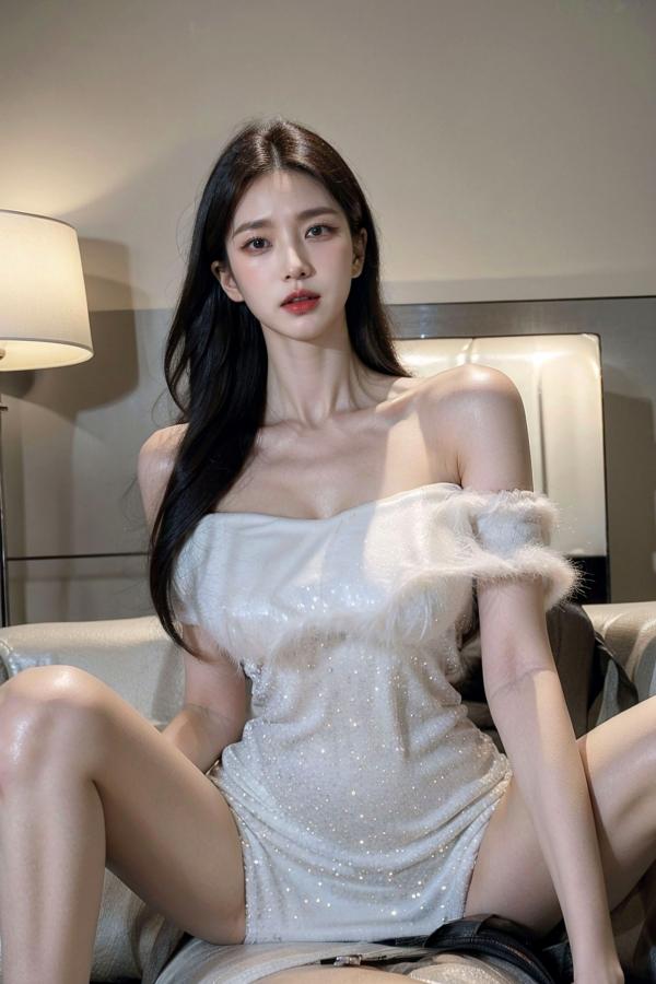    AI美女-拟实-沙发上的白裙美女 室内家居优雅抹胸短裙写真 极品性感女神第48张图片