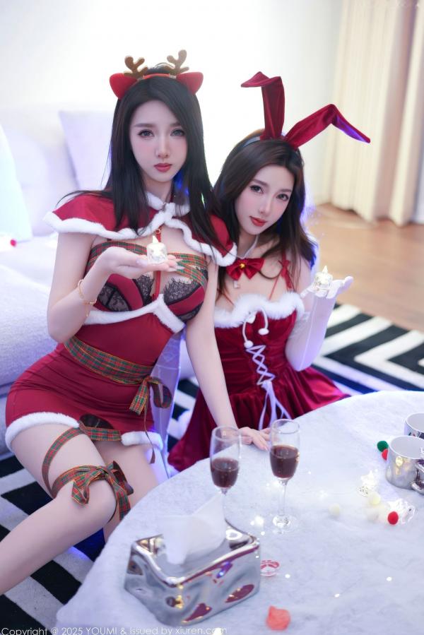    YouMi尤蜜荟-1192-Twins桃之夭夭-姐妹花情趣圣诞装兔耳鹿耳-性感内衣私房写真第9张图片