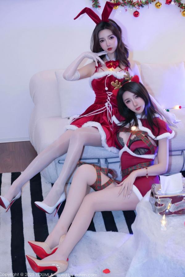    YouMi尤蜜荟-1192-Twins桃之夭夭-姐妹花情趣圣诞装兔耳鹿耳-性感内衣私房写真第12张图片