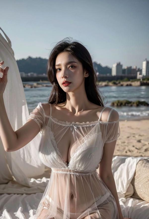    AI美女-拟实-海滨城市户外白裙美女-傍晚-薄纱透视街拍极品女神写真第8张图片