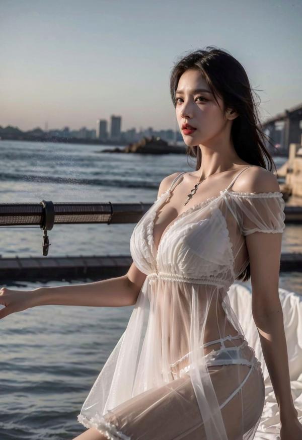    AI美女-拟实-海滨城市户外白裙美女-傍晚-薄纱透视街拍极品女神写真第10张图片