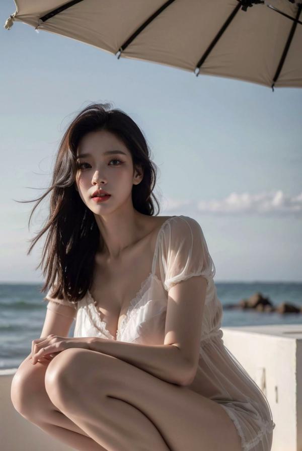    AI美女-拟实-海滨城市户外白裙美女-傍晚-薄纱透视街拍极品女神写真第16张图片